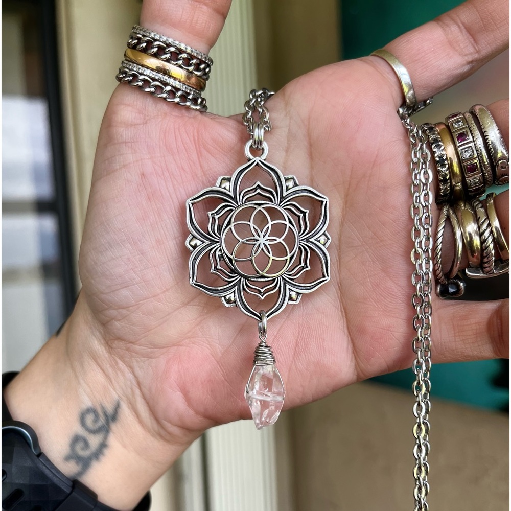 Herkimer diamond mandala lotus flower charm stainless steel chain boho crystals - Picture 9 of 11